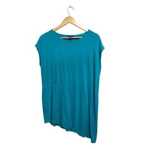 Eileen Fisher Teal Blue Asymmetric Tunic Top Viscose Spandex Cap Sleeve Medium